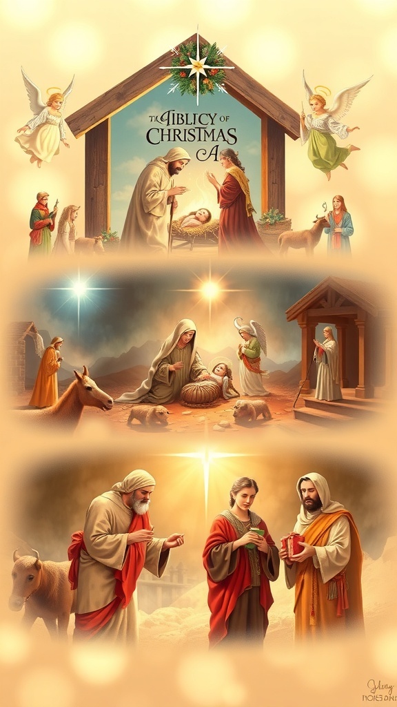 A collage of biblical Christmas images featuring the nativity, angels, and wise men.